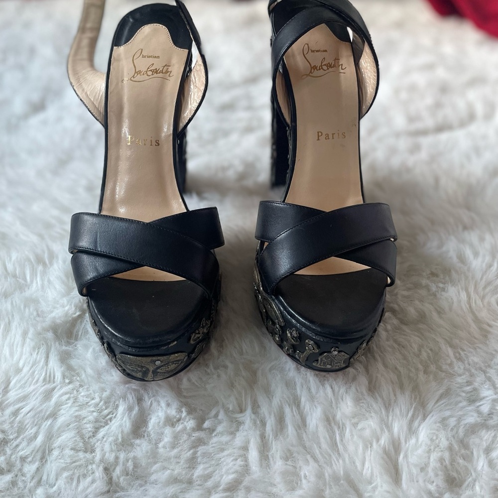 christian Louboutin Exvota 140 Platform Sandals ankle strap metal Miley Cyrus